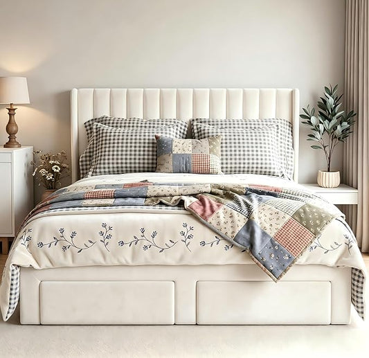 Garvee Queen Size Bed Frame, Velvet Upholstered Bed Frame with Wingback Headboard, 2 Storage Drawers, No Box Spring Needed, White