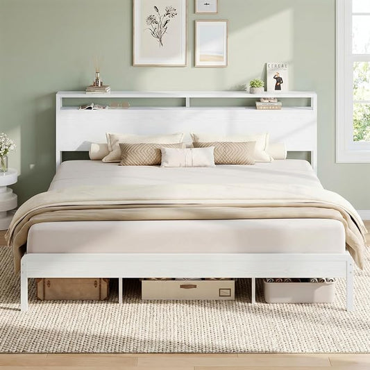 LIKIMIO King Bed Frame with Headboard, Wood Camas King with Strong Supports, Sturdy, Noise-Free, No Box Spring Needed, White