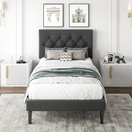 CXVX Twin Size Platform Bed Frame with Upholstered Headboard, Button Tufted Design, Strong Wooden Slats, No Box Spring Needed, Easy Assembly, Noise Free