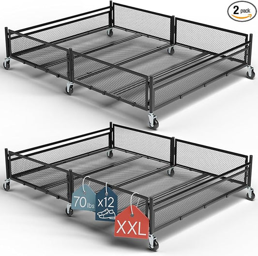 Under Bed Storage with Wheels – Heavy Duty Large Metal Storage Container (70lb load), Low Profile Rolling Organizer with Removable Rubber Wheels, Easy Access for Clothes, Shoes & Blankets (pack of 2)