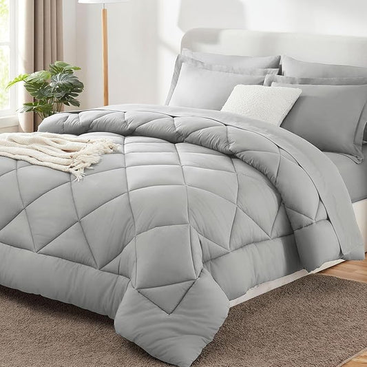 CozyLux California King Comforter Set Light Grey - Cal King Bed in a Bag 7 Pieces, Luxury Soft Bed Set for All Seasons, Bedding Set with Down Alternative Comforter, Sheets, Pillowcases & Shams