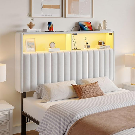 Rolanstar Headboard for Twin Size Bed with Storage, 60,000 DIY Color of LED Light, Head Board with USB & Type C Port, Height Adjustable, Velvet Upholstered, Comfortable Modern, Light White