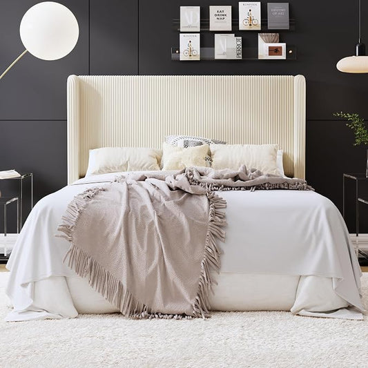 SHA CERLIN Queen Size Corduroy Upholstered Platform Bed Frame with Vertical Channel Tufted Wingback Headboard, 8" Under-Bed Storage, Wooden Slats and Metal Frame Support, Easy Assembly, Cream