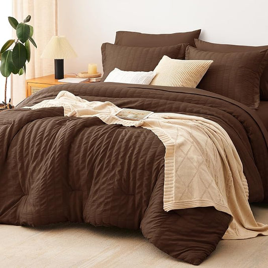 CozyLux California King Comforter Set with Sheets 7 Pieces, Brown Seersucker Bed in a Bag Cal King Luxury Soft Bedding Sets with Down Alternative Comforter, Sheets, Pillowcases & Shams for All Seasons
