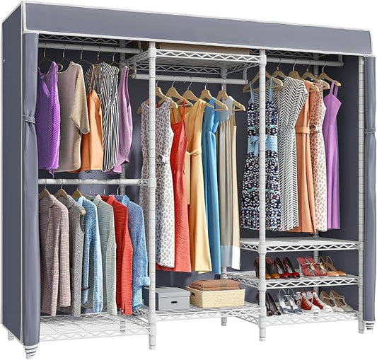 VIPEK V5C Portable Bedroom Armoires Wardrobe Closet with Cover, Heavy Duty Covered Clothes Rack Adjustable Closet Rack, White Metal Clothing Rack with Grey Oxford Fabric Cover, 68.9" Lx15.7 Wx76.4 H