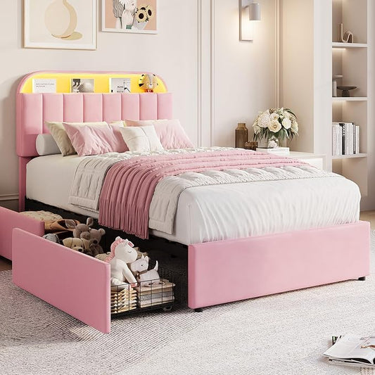 GarveeHome Twin XL Bed Frame with Storage Headboard, Kids Bed Frame with 2 Drawers, Velvet Upholstered Platform Bed Frame with Lights, No Box Spring Needed, Easy Assembly, Velvet Pink