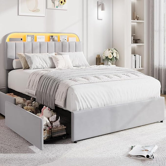 GarveeHome Full Bed Frame with Storage Headboard, Kids Bed Frame with 2 Drawers, Velvet Upholstered Platform Bed Frame with Lights, No Box Spring Needed, Easy Assembly, Velvet Grey