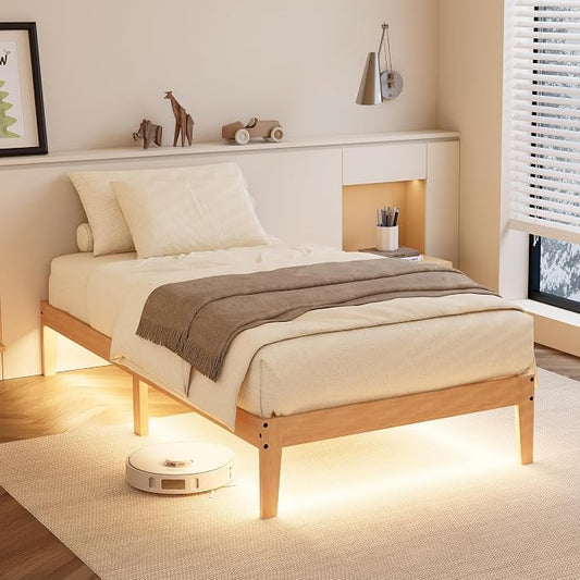 Tyndall Twin XL Bed Frame with LED Lights, 12 Inch Solid Wood Platform Bed with Under Bed Storage, Wooden Slats Support, Natural Finish, No Box Spring Needed, Noise Free, Easy Assembly