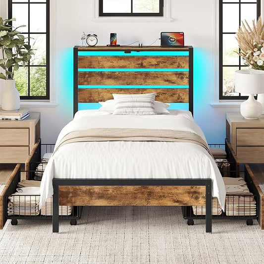 Rolanstar Twin Bed Frame with 4 Drawers, LED Lights and Charging Station, Metal Platform Bed with Storage Headboard, Noise Free, Easy Assembly, No Box Spring Needed, Rustic Brown