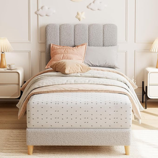 GarveeHome Twin XL Bed Frame, Upholstered Platform Bed with Wave Headboard for Girls/Kids, Easy Assembly, Wooden Slats Support, No Box Spring Needed, Boucle Grey