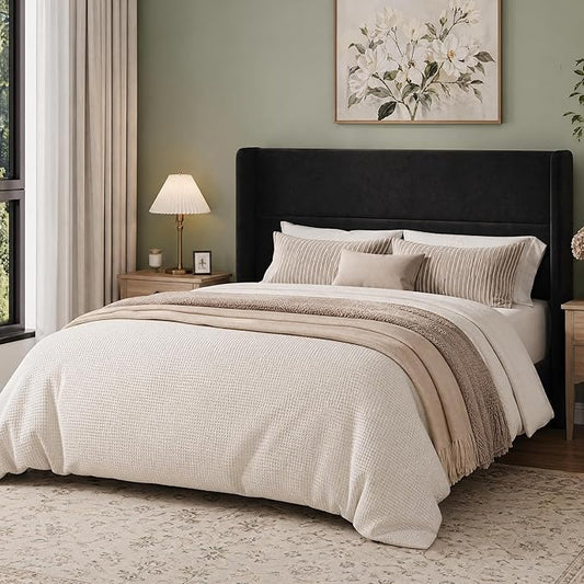 Garvee Full Size Bed Frame with Wingback Headboard, Velvet Upholstered Platform Bedframe with Wood Slats, No Box Spring Needed, Easy Assembly, Black
