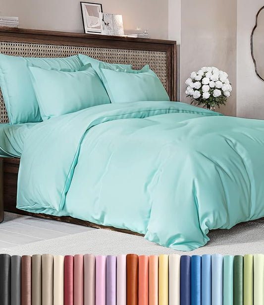 Duvet Cover Queen Size Set - Extra Soft Queen Duvet Cover 90" x 90" with 2 Pillow Shams - Hotel Luxury, Easy Care & Fade Free w/ Zipper Closures & Ties - All Season, Comfy and Breathable (Spa Blue)