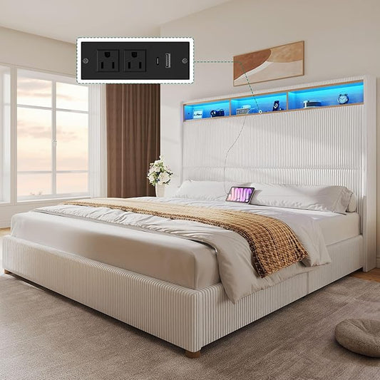 YITAHOME King Size Corduroy Upholstered Platform Bed Frame with Charging Station and RGB LED Lights, 53’’ Tall Storage Wingback Headboard, No Box Spring Needed, Easy Assembly, Noise-Free, White