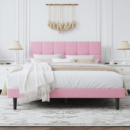 Queen Bed Frame, Velvet-Upholstered Platform Bed Frame with Tufted Button Headboard, Sturdy Slatted Mattress Base, No Spring Mattress Required, Easy to Assemble, Pink
