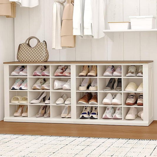 Hzuaneri Farmhouse Shoe Storage Bench, Entryway Shoe Cubby Bench, Widened Wooden Shoes Cubbies with Compartments, Shoes Rack Benchs for Cloakroom, Entryway, Antique White SB52514B