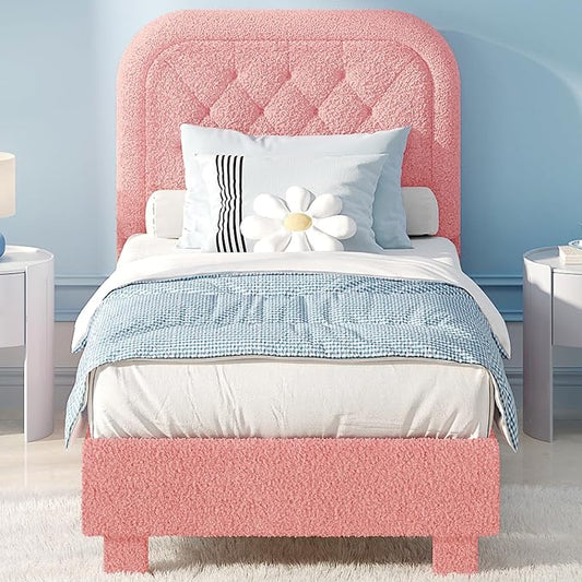 VINGLI Twin Bed with Headboard,Soft Frame Cloud Bed Frame with Sturdy Wood Slats Support,Upholstered Boucle Cream Platform Soft Bed with Rounded Corners,for Kids Teens Adults, Pink