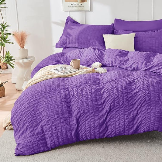 HYMOKEGE Dark Purple Duvet Cover Full Size, Ultra Soft 3-Piece Seersucker Duvet Cover Set with Zipper Closure, Soft Brushed Microfiber Bedding Set with 8 Corner Ties (80"x90", 2 Pillowshams)