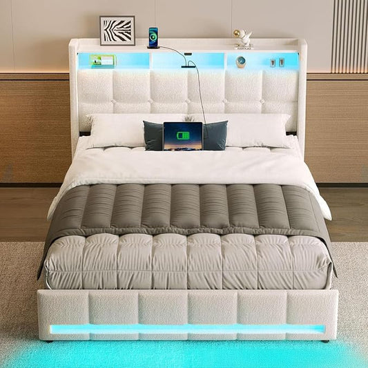 Rolanstar Queen Size Bed Frame with LED Lights and Charging Station, Upholstered Headboard with 2-Tier Storage Shelves, Heavy Duty Metal Frame, Noise-Free Support, Easy Assembly, No Box Spring Needed