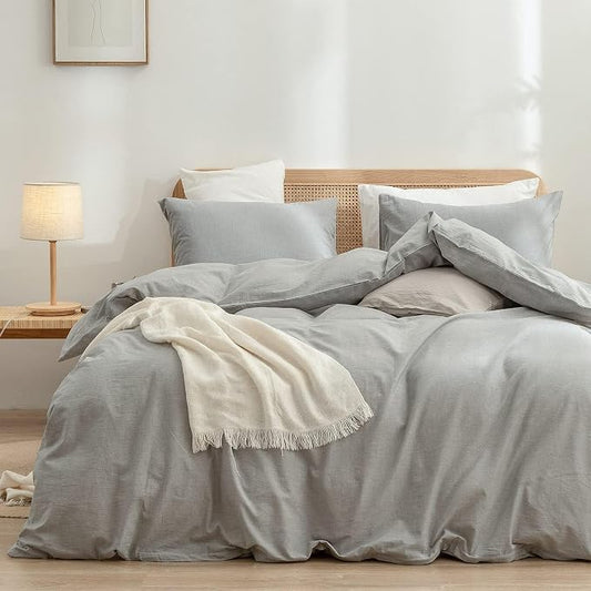 BESTOUCH Duvet Cover Set 100% Washed Cotton Linen Feel Super Soft Comfortable Chic Lightweight 3 PCs Home Bedding Set Solid Light Grey Oversized Full