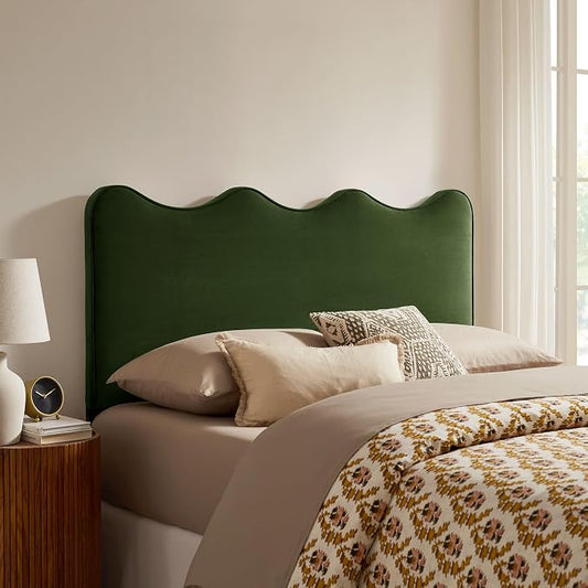Monday Athena Full Size Performance Velvet Adjustable Headboard in Moss Green - with Scalloped Wave Design and Stain-Resistant Velvet Upholstery