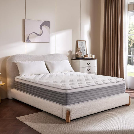 10 Inch Queen Mattress, Comfort Foam & Pocket Coil Hybrid Mattress in a Box, Medium Firm Cooling Breathable Knit Cover, Motion Isolation & Edge Support, Gray & White