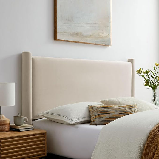 Modway Rael King Upholstered Headboard with Pillars in Alabaster – Velvet Headboard – Stain-Resistant Performance Velvet Headboard for King Size Beds