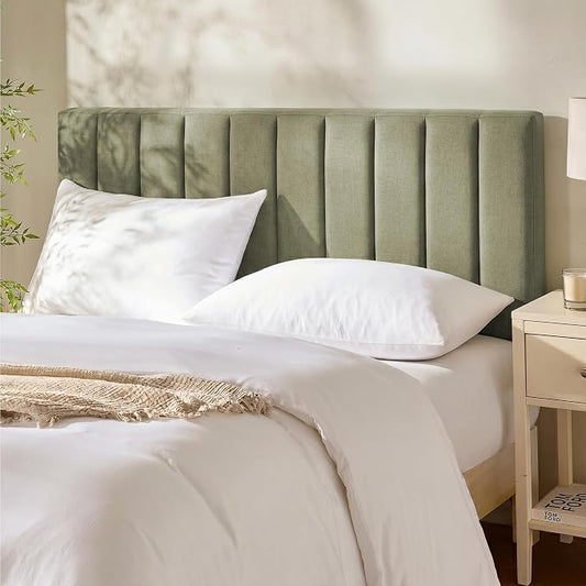 Upholstered Queen Headboard - Easy Assemble Channel Stitched Headboard Queen Size - Wall Mounted Headboards with 3D Soundproof Wall Panels Peel & Stick Floating Headboards, Olive Green