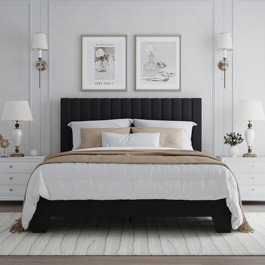 Full Bed Frame, Velvet Upholstered Platform Bed Frame with Adjustable Headboard, Vertical Quilted Design, Sturdy Slatted Mattress Base, Easy to Assemble, Black