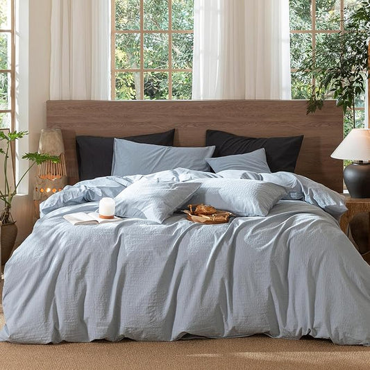 MooMee Wavy Striped Duvet Cover Set 100% Washed Cotton Linen Like Textured Breathable Durable Soft Comfy (Cornflower Blue, Super Queen 90"x98")