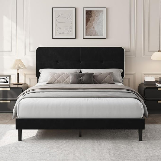 Garvee Queen Bed Frame, Velvet Upholstered Platform Bed Frames with Adjustable Headboard, No Box Spring Needed, Anti-Noise EVA Sponge, Sturdy Metal Support, Easy Assembly, Black & White Trim