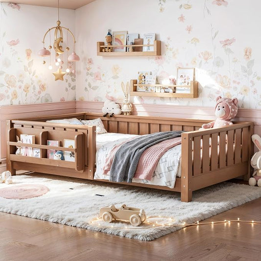 Bellemave Twin Size Kids Montessori Bed with Bookshelf,Solid Wood Twin Floor Bed Frame with Fence and Slats for Girls Boys,Low-Profile,Dark Natural