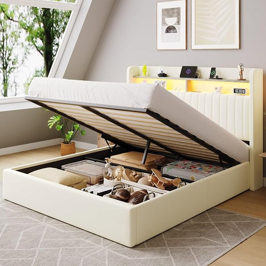 SHA CERLIN Full Size Lift Up Storage Bed Frame/LED Lights/Charging Station/2-Tier Shelves Headboard/USB,Type-C Ports/Velvet Upholstered/Hydraulic Support/No Box Spring Needed/Noise Free/Cream