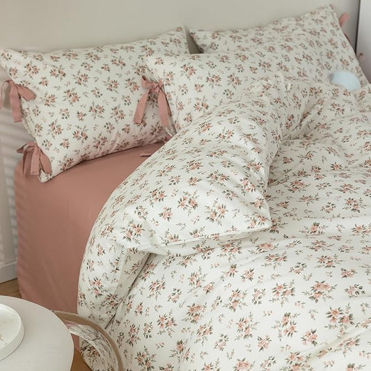 mixinni Vintage Style Girls Pale Pink Flower Pattern Duvet Cover Queen Soft Aesthetic Floral Cotton Bedding Set 1 Duvet Cover with 2 Bow Tie Pillowcases for Women-Queen Size