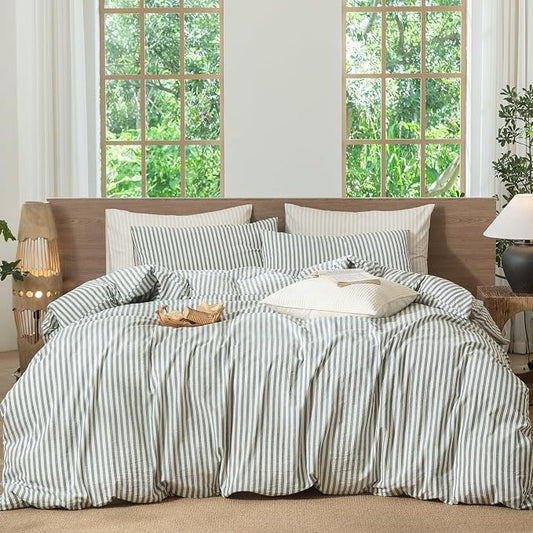 MooMee Striped Duvet Cover Set 100% Washed Cotton Linen Like Textured Breathable Durable Soft Comfy (Heathered Green Classic Stripes, Oversized King Plus 128"x120")