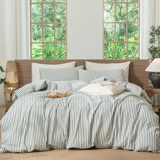 MooMee Striped Duvet Cover Set 100% Washed Cotton Linen Like Textured Breathable Durable Soft Comfy (Heathered Green Classic Stripes, Palatial King/Oversized King 120"x98")
