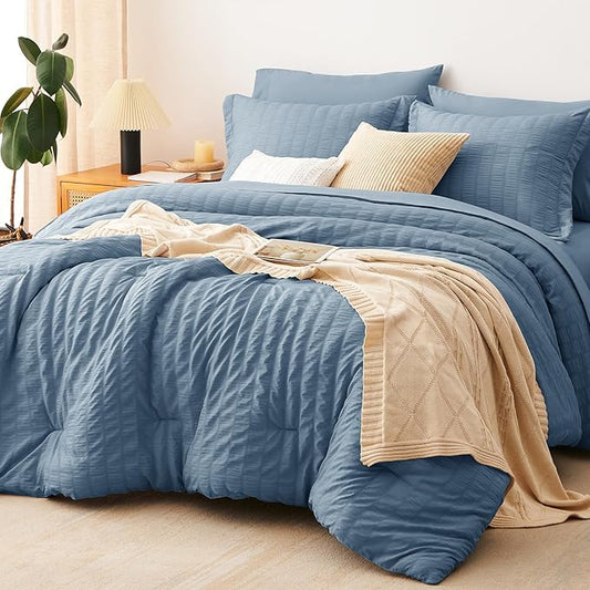 CozyLux Oversized King Comforter Set Grayish Blue Seersucker 7 Pieces 120x98 Bed in a Bag Comforter Set with Sheets, Dusty Blue Bedding Set with Down Alternative Comforter, Sheets, Pillowcases & Shams