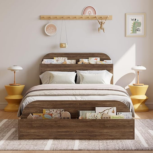GarveeHome Twin XL Size Bed Frame, Wooden Beds with Storage Headboard and Raised-Foodboard, Twin XL-Floor Low Platform Bed for Bedroom, Sturdy Wooden Slats Support, No Box Spring Needed, Walnut