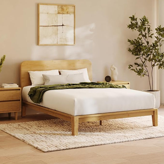 Nectar Bamboo Platform Bed Frame & Headboard - Natural - Full - Floating Center Support Legs - 12” Height - Easy Tool Free Set Up - Contemporary - Sturdy Wooden Support Slats - Holds Up To 800 Pounds