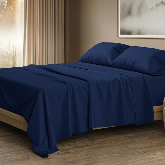 THREAD SPREAD 100% Egyptian Cotton Sheets Queen Size - Luxury 1500 Series Queen Sheet Set Egyptian Cotton (4 PC, Navy Blue), Silky Soft, Sateen Weave, Cooling & Breathable, 17" Deep Pocket Bed Set