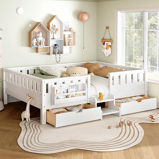 Bellemave Queen Size Kids Montessori Bed with Stairs and Bookshelf,Solid Wood Queen Size Kids Bed Frame with Drawers and Storage for Girls Boys,Low-Profile,White