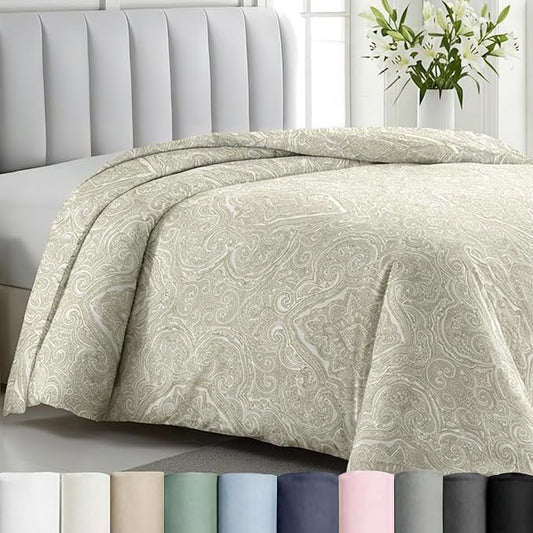 California Design Den 100% Cotton Duvet Cover Queen/Full Only - Premium 400 Thread Count Sateen, Comforter Cover Queen Size, Beige Duvet Cover with Button Closure and Corner Ties (Paisley Beige)
