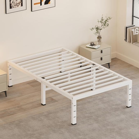 18 Inch Twin Bed Frames, Heavy Duty Metal Platform 3500 lbs Capacity, No Box Spring Needed, 6 Mattress Slide Stopper, Headboard Holes, Noise-Free, Easy Assembly, White