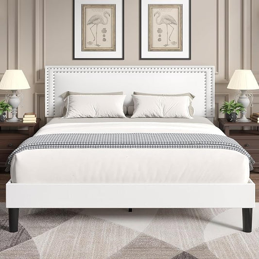 VECELO Full Size Platform Bed Frame with Height Adjustable Upholstered Headboard, Modern Mattress Foundation,Strong Wood Slat Support, No Box Spring Needed, Easy Assembly,White