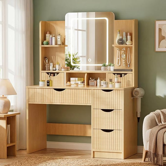 Vanity Desk with Mirror and Lights, Makeup Vanity Table with Large 6 Drawers Modern Fluted Wooden Dressing Table with Jewelry Hook 3 Color Modes Adjustable LED Mirror for Women Girls Bedroom or Dorm