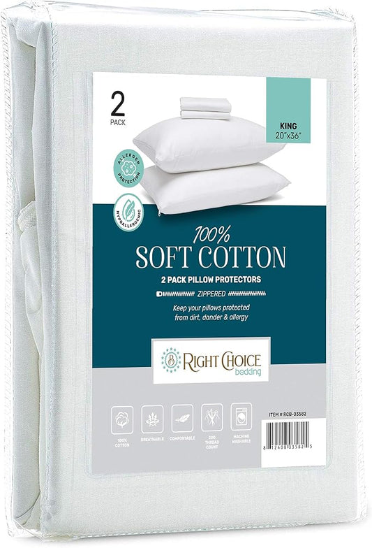 Cotton Pillow Protectors with Zipper. Zip Up Pillowcase King Size 20x36 (Set of 2)