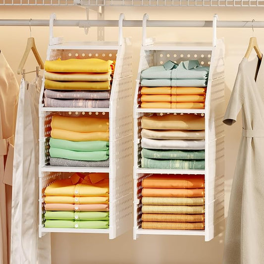 Honkazita 3-Tier Foldable Hanging Closet Organizer, Free-Standing | Closet Hanging Organizer for Wardrobe, Laundry Room, Plastic Hanging Closet Shelves for Clothes, Handbags, Accessories (White)