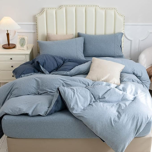 PURE ERA Jersey Knit Duvet Cover Set 100% T-Shirt Cotton Super Soft Comfy 3pc Bedding Set with Zipper Closure (Solid Navy/Blueish Grey, King)