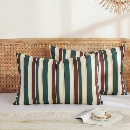 Merryword 100% Cotton Pillow Cases, King Size Pillowcases, Green Striped Pillowcases, Luxury Linen Like Pillowcase, Soft Breathable Cabana Stripes Pillow Covers, Set of 2