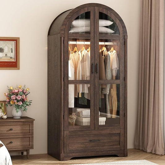 chartustriable 2 Doors Arched Armoire Wardrobe Closet w/Drawers,LED Light,Wooden Closet Wardrobe Cabinet with Hanging Rod for Bedroom,Modern Armoire Storage Cabinet w/Shelf,Rustic Brown