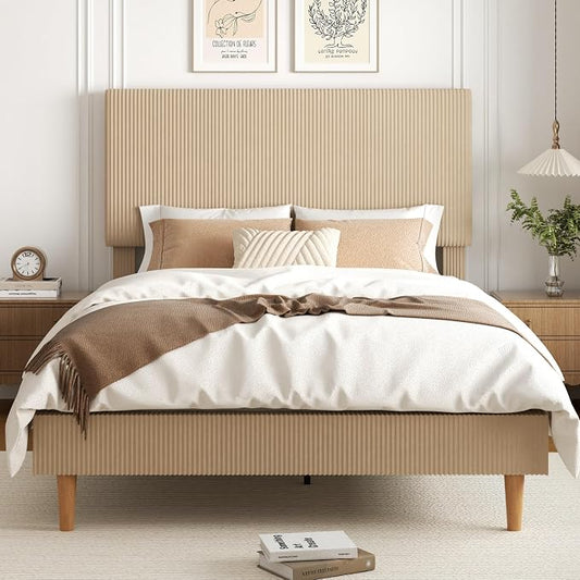Queen Size Bed Frame, Upholstered Platform Bed with Adjustable Headboard, Vertical Fluted Tufted, Soft Corduroy Fabric, Strong Wooden Slats Support, No Box Spring Needed, Easy Assembly, Brown